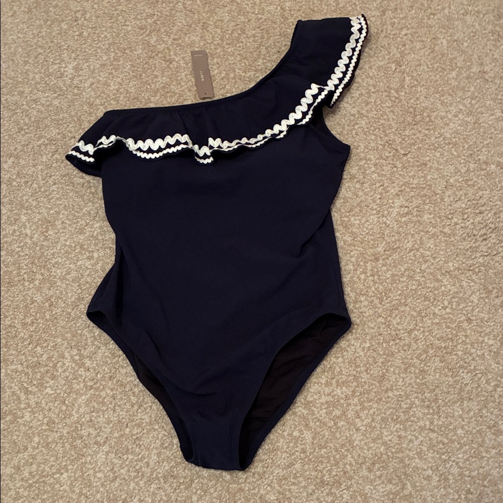 NWT J. Crew One-Shoulder Ruffle One Piece Swimsuit Navy & White sz 8 - Picture 3 of 8
